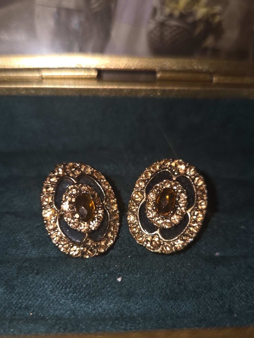 Monet Signed Gold-Tone Floral Cluster Stud Earrings with Amber Crystal
